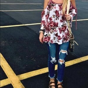 Long sleeve floral blouse with shoulders cut out